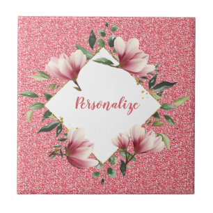 Glam Pink Glitter Blumenrahmen Funkeln Personalisi Fliese