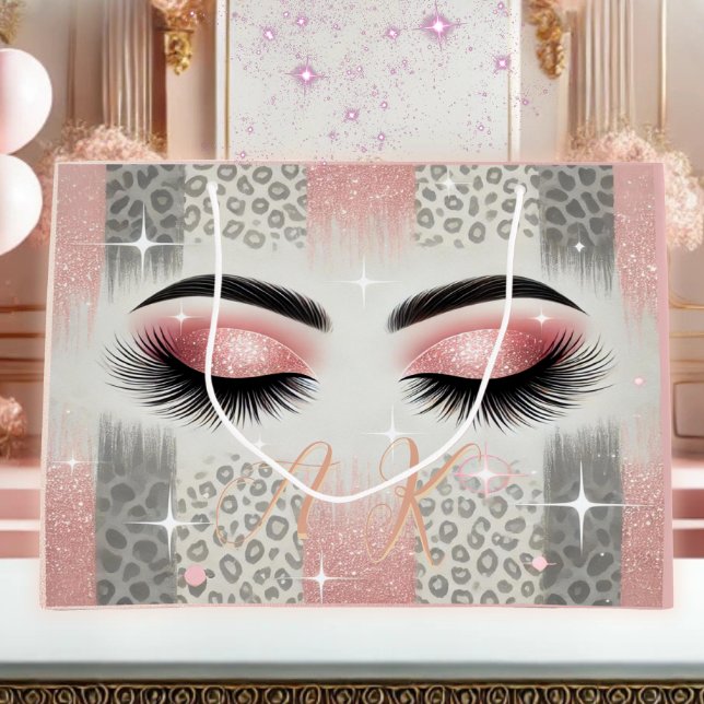 Glam Pink Glitzer Eyelashes Monogramm Große Geschenktüte (Glam pink glitter lashes monogram gift bag — perfect for birthdays, or any occasion .)