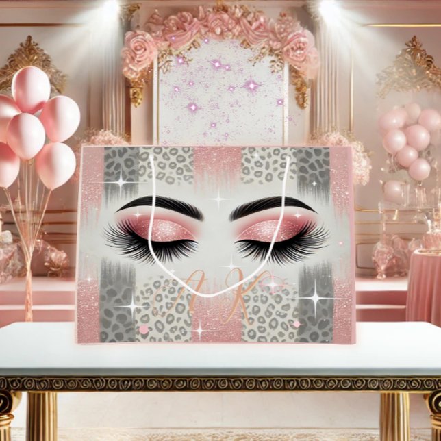 Glam Pink Glitzer Eyelashes Monogramm Große Geschenktüte (Glam pink glitter lashes monogram gift bag — perfect for bachelorette party gifting)