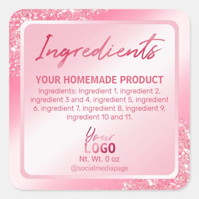 Glam Pink Glitzer Foil Ingredient Labels Quadratischer Aufkleber (Vorderseite)