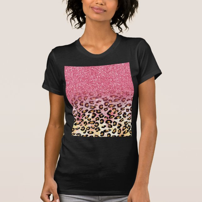Glam Pink Glitzer Leopard Muster T-Shirt (Vorderseite)