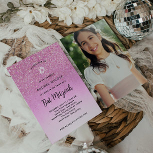 Glam Pink Glitzer Look Bat Mitzvah Foto zurück Einladung