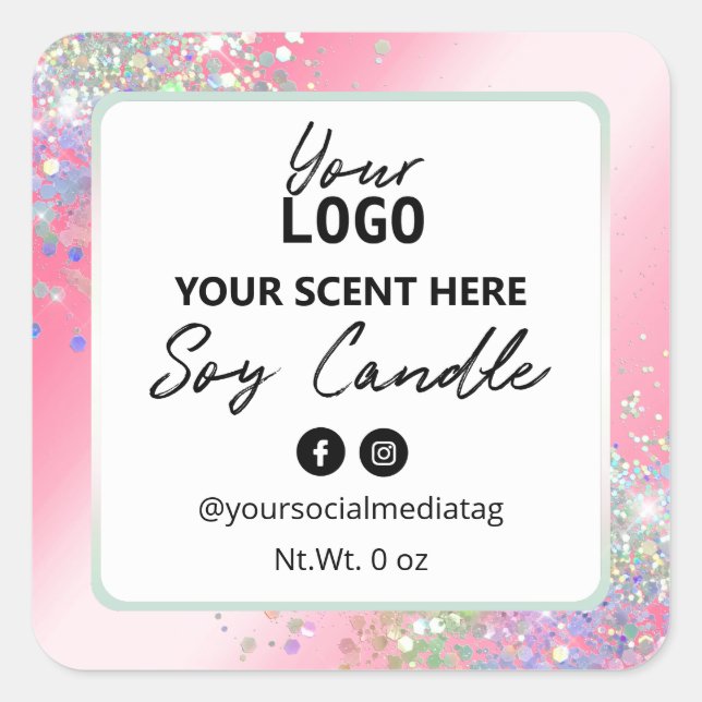 Glam Pink Glitzer Soy Candle Labels Quadratischer Aufkleber (Vorderseite)