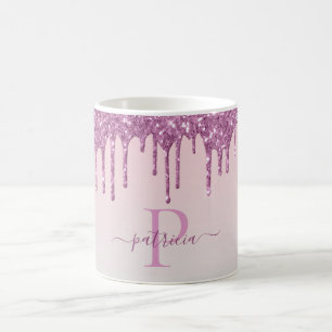 Glam Pink Glitzer Tropfen Elegantes Monogramm Kaffeetasse