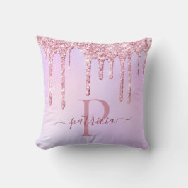 Glam Pink Glitzer Tropfen Elegantes Monogramm Kissen