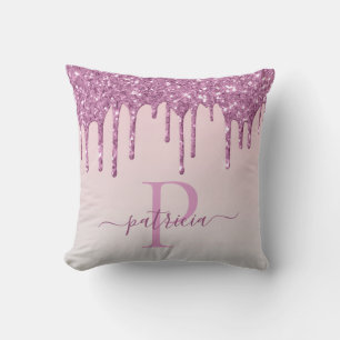 Glam Pink Glitzer Tropfen Elegantes Monogramm Kissen