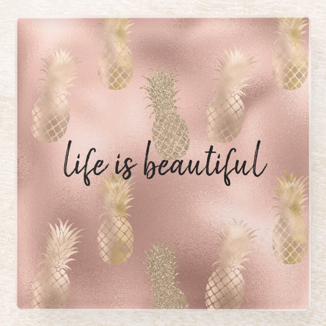 Glam Pink Gold Ananas Glasuntersetzer (Vorderseite)
