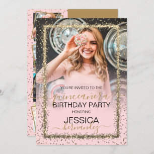 Glam Pink Gold Confetti Border Foto Quinceañera Einladung