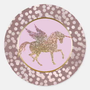 Glam Pink & Gold Glitter Flug-Einhorn Geschenkteil Runder Aufkleber