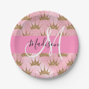 Glam Pink & Gold Glitzer Glitzern Kronen Monogramm Pappteller
