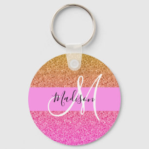 Glam Pink & Gold Glitzer Sparkle Farbverlauf Monog Schlüsselanhänger