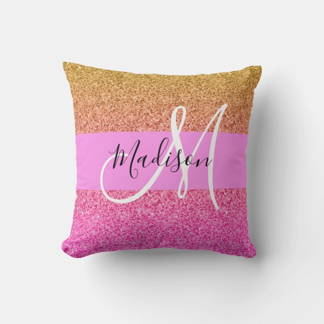 Glam Pink & Gold Glitzer Sparkle Gradient Monogram Kissen (Vorderseite)
