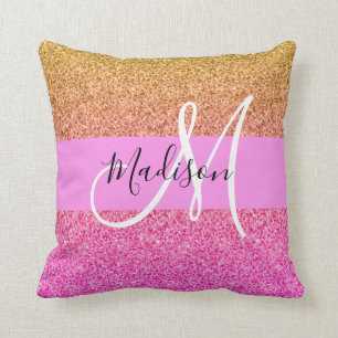 Glam Pink & Gold Glitzer Sparkle Gradient Monogram Kissen