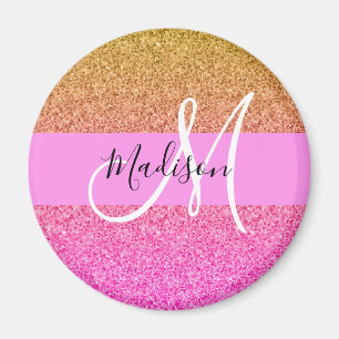 Glam Pink & Gold Glitzer Sparkle Gradient Monogram Magnet