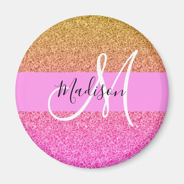 Glam Pink & Gold Glitzer Sparkle Gradient Monogram Magnet (Vorne)