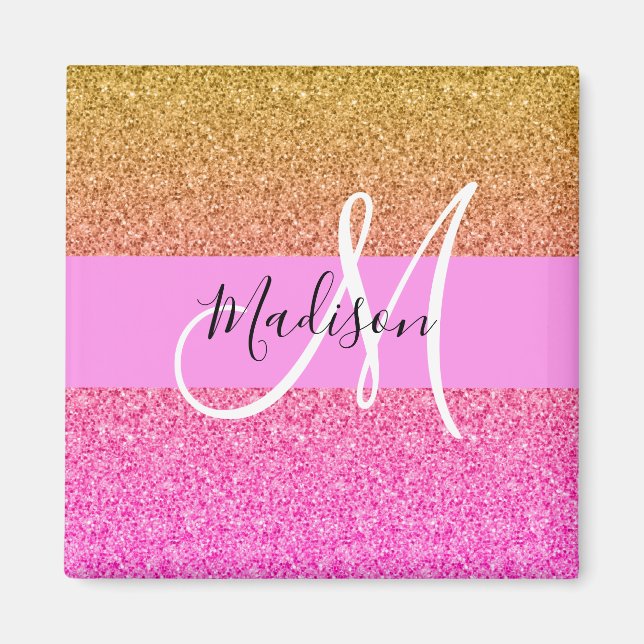 Glam Pink & Gold Glitzer Sparkle Gradient Monogram Magnet (Vorne)