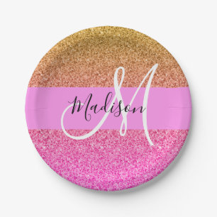 Glam Pink & Gold Glitzer Sparkle Gradient Monogram Pappteller
