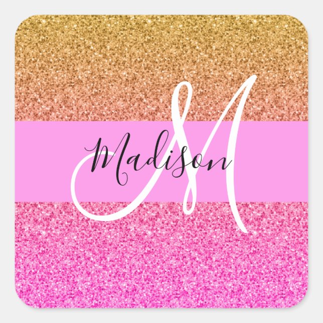 Glam Pink & Gold Glitzer Sparkle Gradient Monogram Quadratischer Aufkleber (Vorderseite)