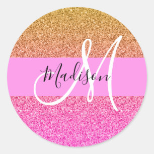 Glam Pink & Gold Glitzer Sparkle Gradient Monogram Runder Aufkleber