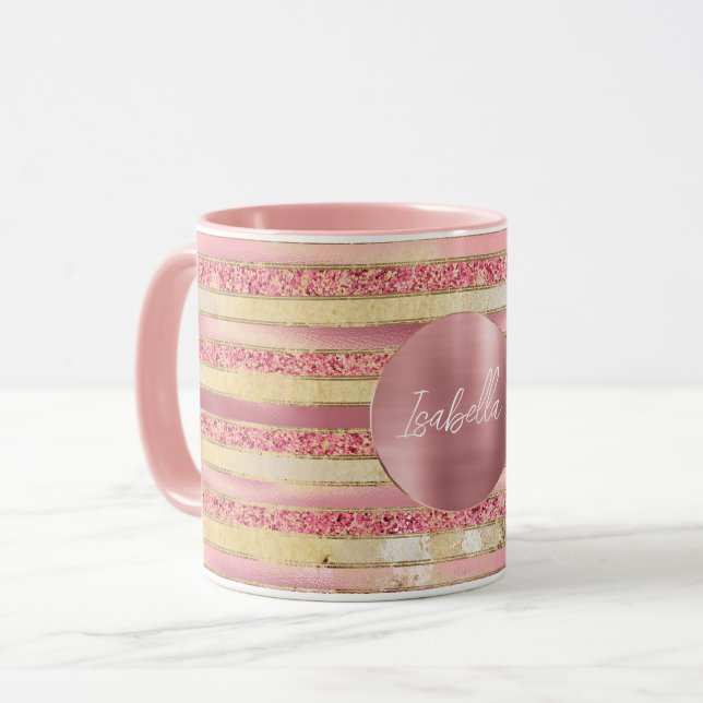 Glam Pink Gold Glitzer Streifen Tasse (Vorderseite Links)
