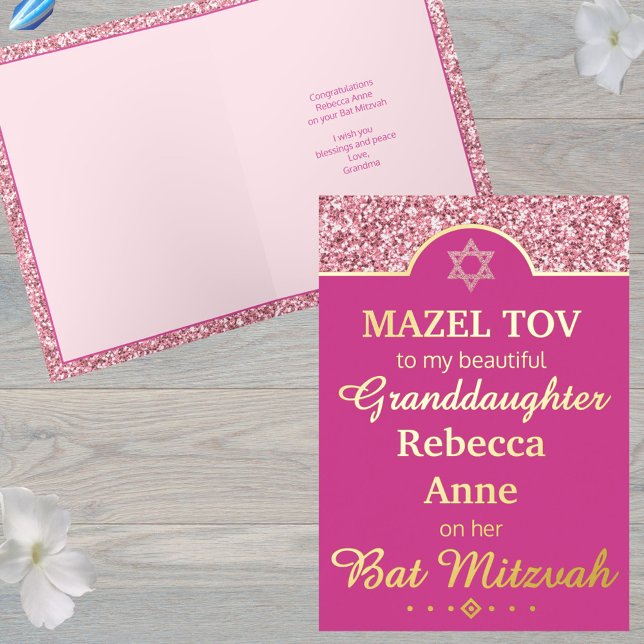 Glam Pink Grandtochter Niece Bat Mitzvah Gold (Change Granddaughter to Niece or Daughter or Sister etc. for your unique Bat Mitzvah greeting card)