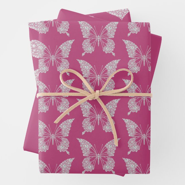 Glam Pink Imitats Diamonds Butterfly and Heart Geschenkpapier Set (Beispiel)