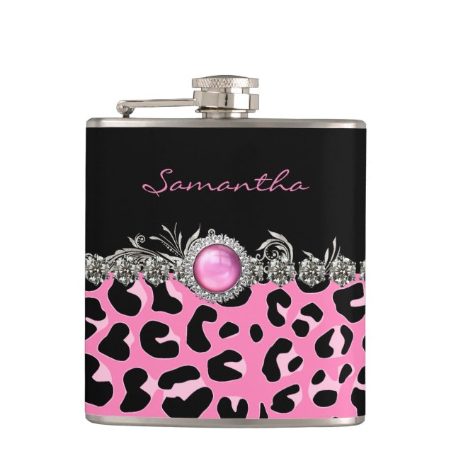 Glam Pink Jaguar Print Custom Flask Flachmann (Vorderseite)