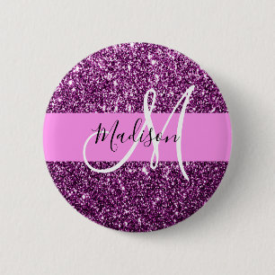 Glam Pink & Lila Glitzer Glitzern Monogramm Name Button