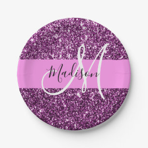 Glam Pink & Lila Glitzer Glitzern Monogramm Name Pappteller