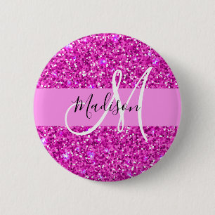 Glam Pink & Magenta Glitzer Sparkle Monogram Name Button