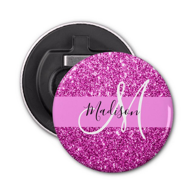 Glam Pink & Magenta Glitzer Sparkle Monogram Name Flaschenöffner (Vorderseite)