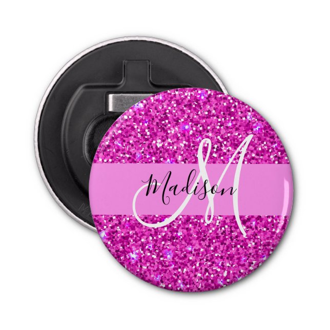 Glam Pink & Magenta Glitzer Sparkle Monogram Name Flaschenöffner (Vorderseite)