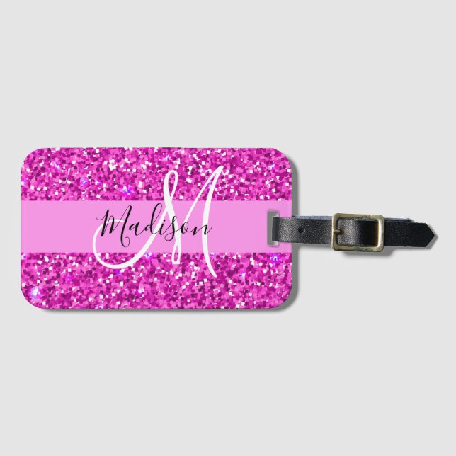 Glam Pink & Magenta Glitzer Sparkle Monogram Name Gepäckanhänger (Vorderseite (Horizontal))