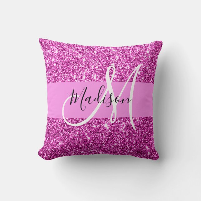 Glam Pink & Magenta Glitzer Sparkle Monogram Name Kissen (Vorderseite)