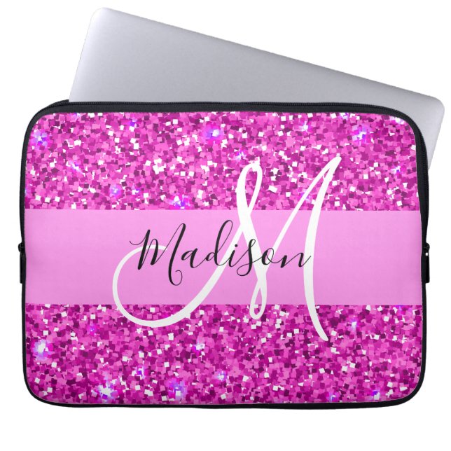 Glam Pink & Magenta Glitzer Sparkle Monogram Name Laptopschutzhülle (Vorderseite)