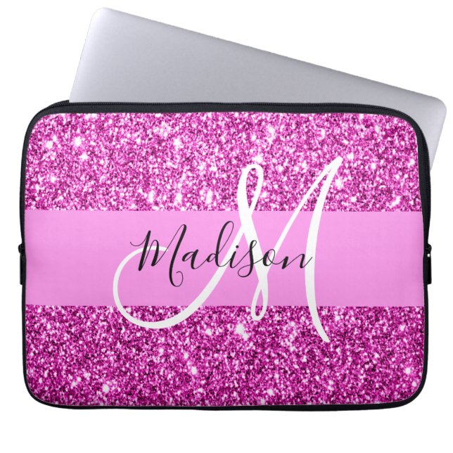 Glam Pink & Magenta Glitzer Sparkle Monogram Name Laptopschutzhülle (Vorderseite)