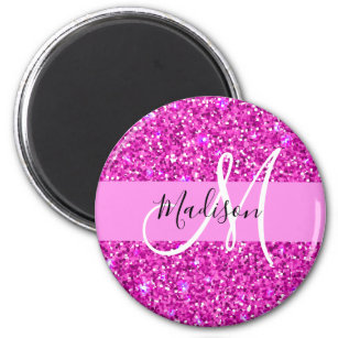 Glam Pink & Magenta Glitzer Sparkle Monogram Name Magnet