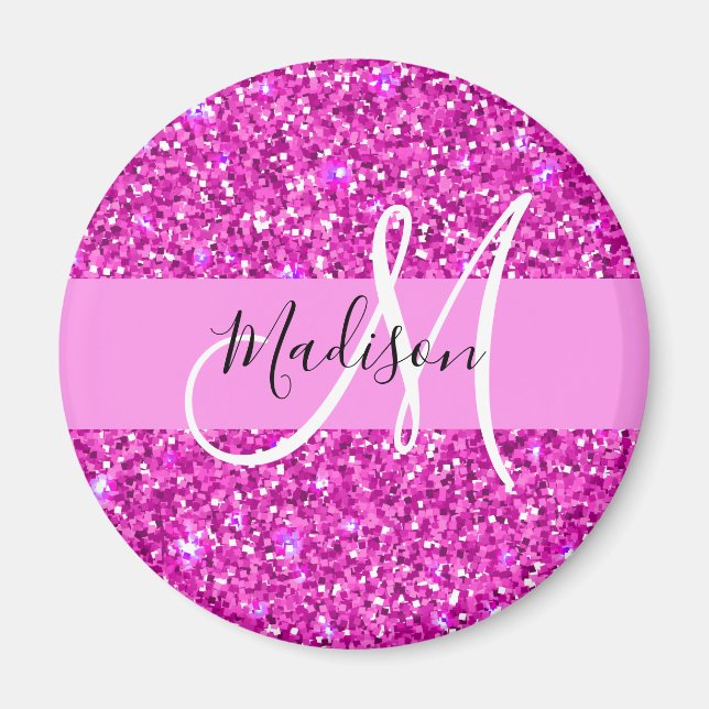Glam Pink & Magenta Glitzer Sparkle Monogram Name Magnet (Vorne)
