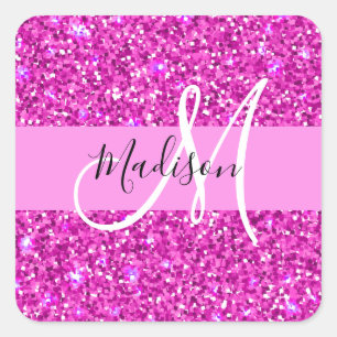 Glam Pink & Magenta Glitzer Sparkle Monogram Name Quadratischer Aufkleber