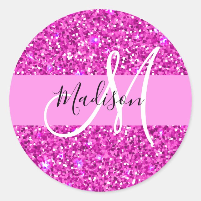 Glam Pink & Magenta Glitzer Sparkle Monogram Name Runder Aufkleber (Vorderseite)