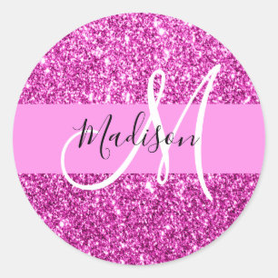Glam Pink & Magenta Glitzer Sparkle Monogram Name Runder Aufkleber