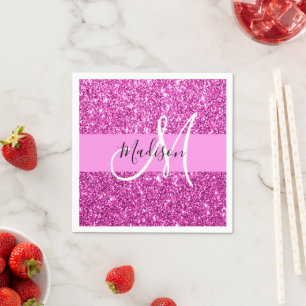 Glam Pink & Magenta Glitzer Sparkle Monogram Name Serviette