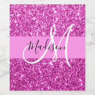 Glam Pink & Magenta Glitzer Sparkle Monogram Name Weinetikett