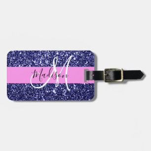 Glam Pink Navy Blue Glitzer Glitzern Name Monogram Gepäckanhänger