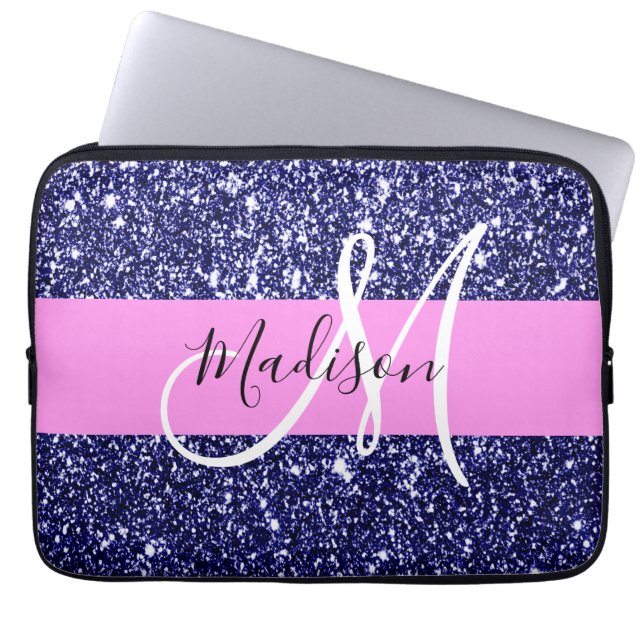 Glam Pink Navy Blue Glitzer Glitzern Name Monogram Laptopschutzhülle (Vorderseite)