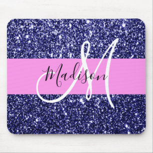 Glam Pink Navy Blue Glitzer Glitzern Name Monogram Mousepad