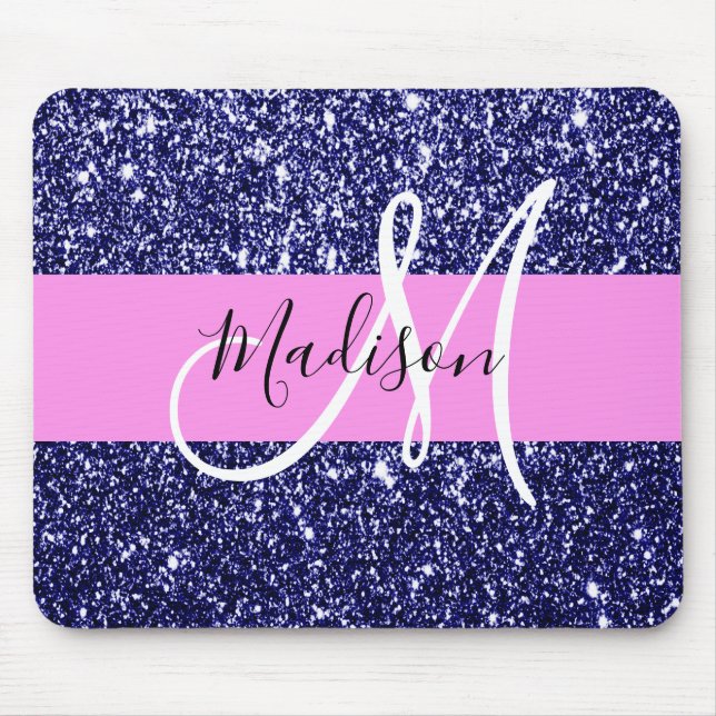 Glam Pink Navy Blue Glitzer Glitzern Name Monogram Mousepad (Vorne)