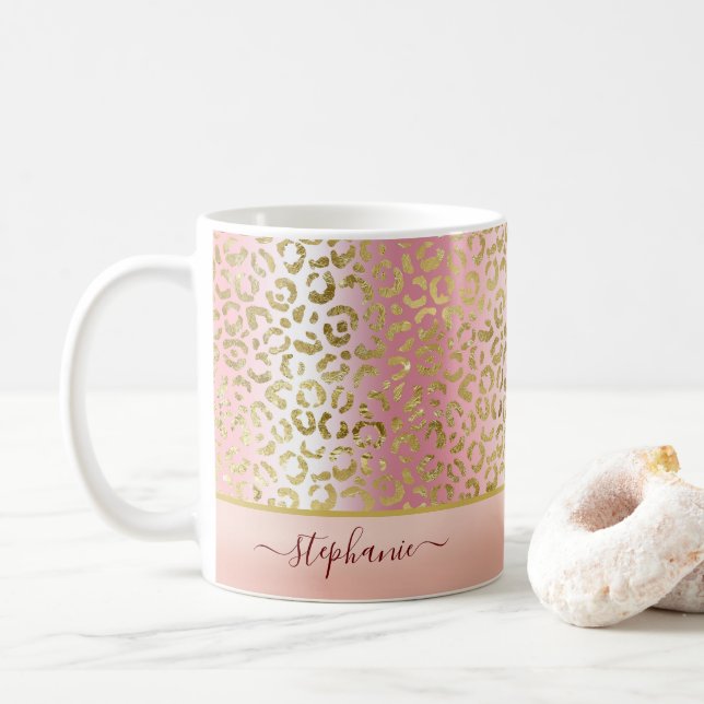 Glam Pink Ombre Gold Leopard Muster Personalisiert Kaffeetasse (Mit Donut)