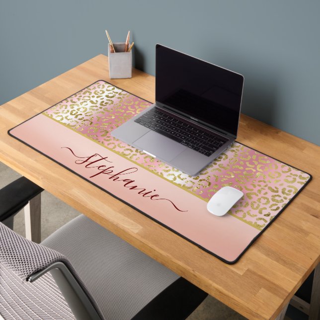Glam Pink Ombre Gold Leopard Muster Personalisiert Schreibtischunterlage (Büro 2)