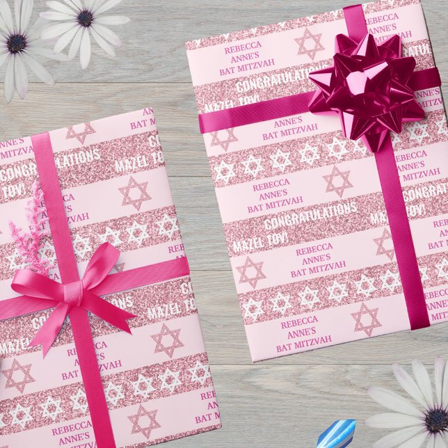 Glam Pink Personalisiert jüdisches Mädchen Bat Mit Geschenkpapier (This pink faux glitter wrapping paper is easy to personalize for the Bat Mitzvah girl)